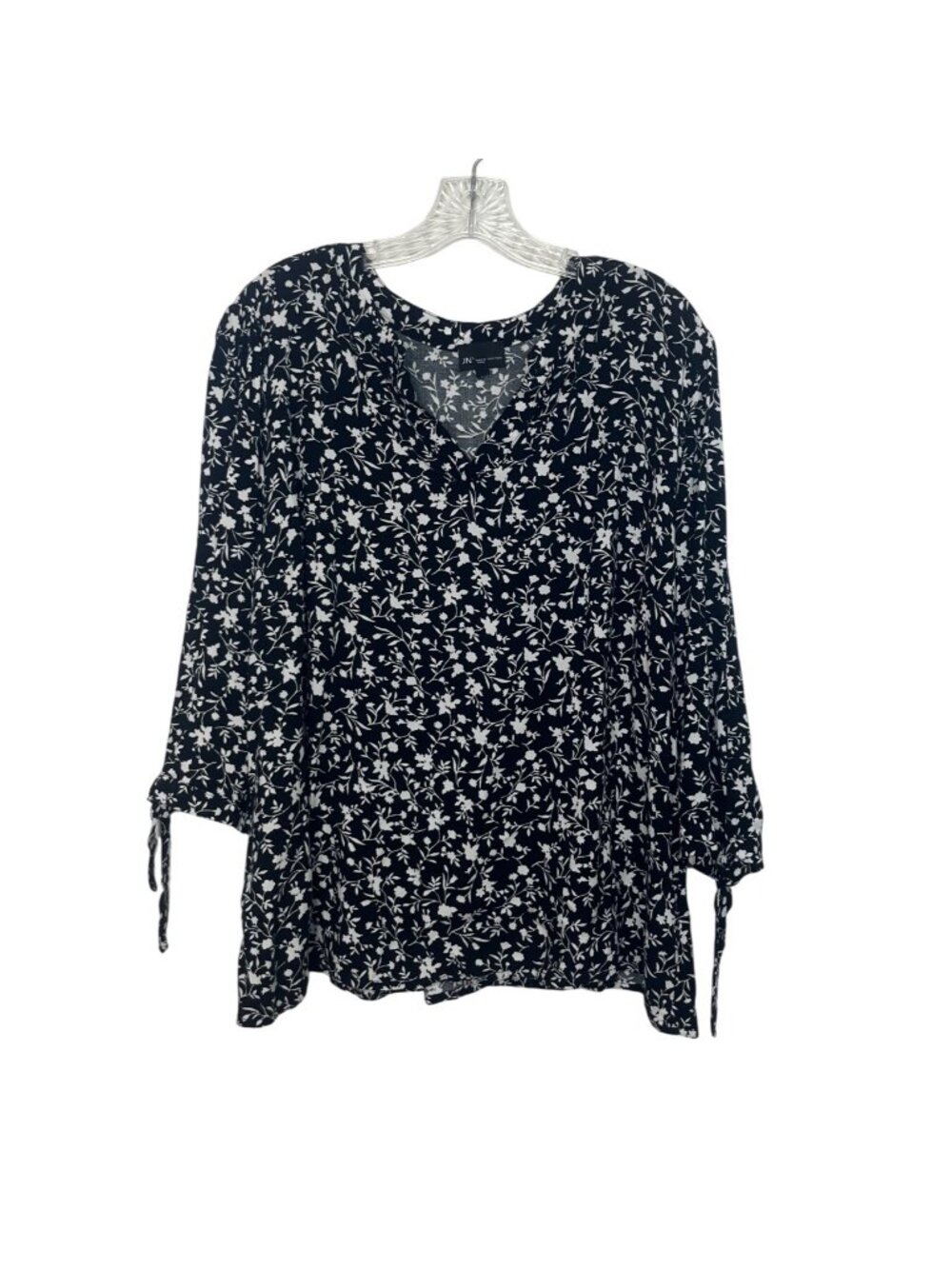 Jones New York Floral Print Shirt Blouse 2X Black White Tie Cuff